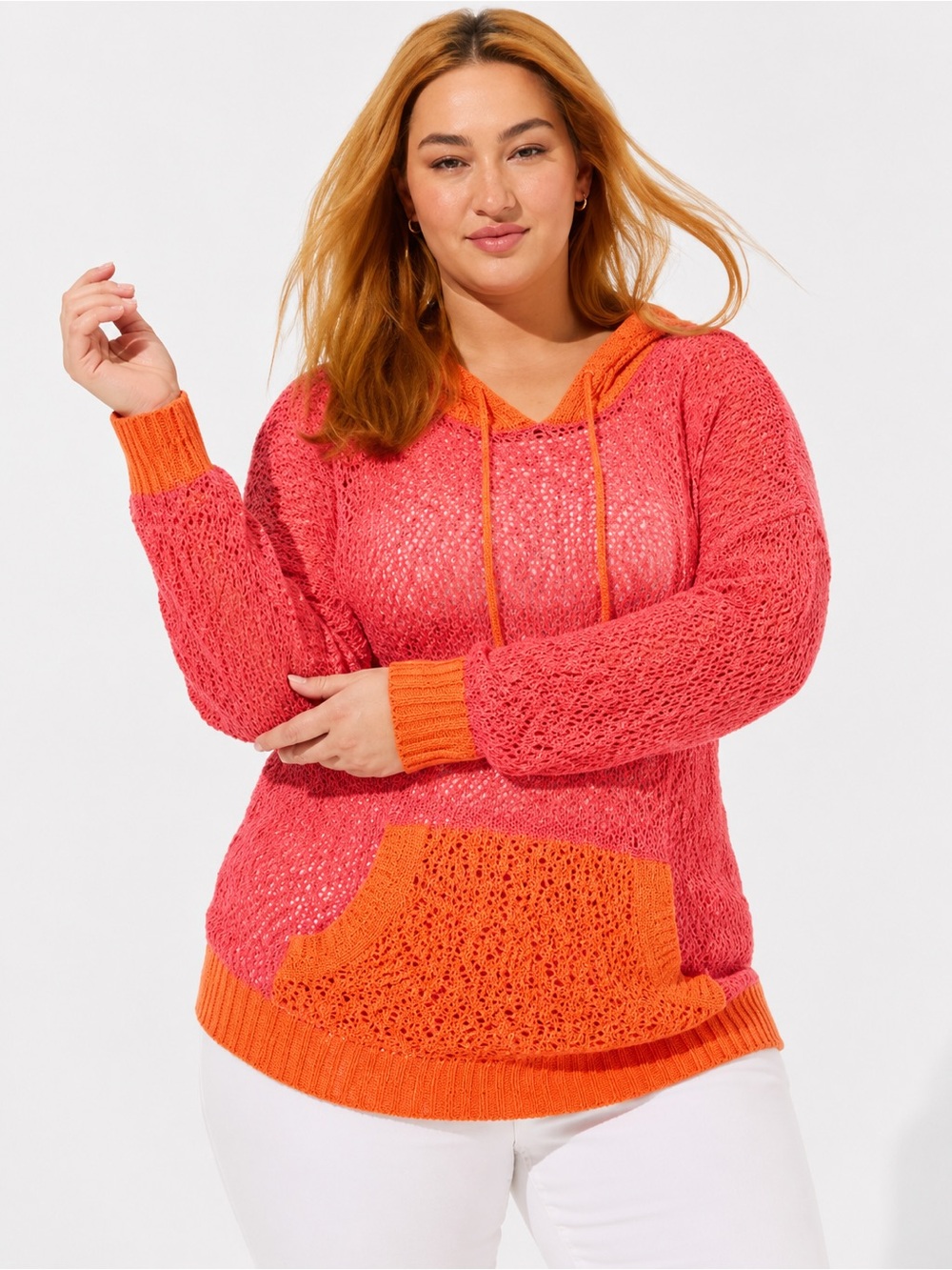 Torrid Sweater Womens Size 0 L(12) Plus Pink Orange Colorblock Hooded Pullover